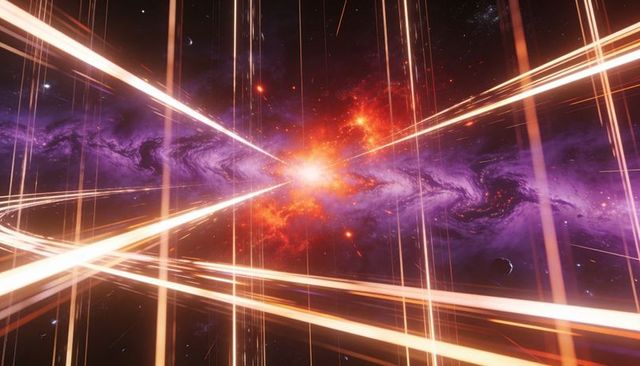 Stellar explosion radiating through purple nebula with golden energy beams and debris