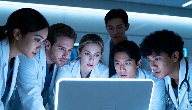 Medical team collaborating around illuminated monitor reviewing complex patient scans