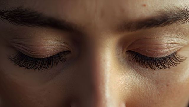 Displaying closed eyes with long lashes and natural skin texture in soft studio light
