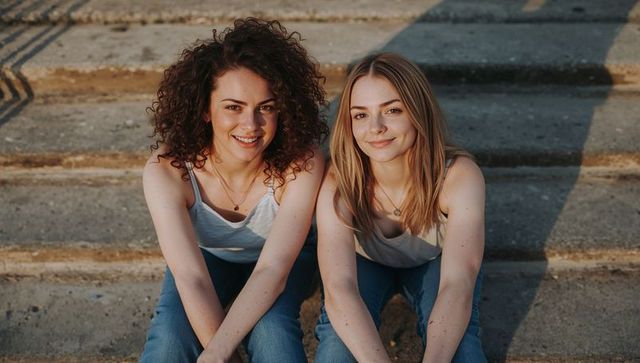Two friends sitting on steps smiling in golden hour wearing tank tops and jeans