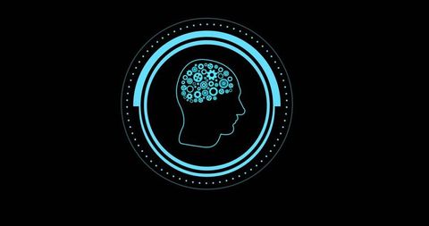 Neon blue brain gears in head silhouette with concentric circular hud for ai