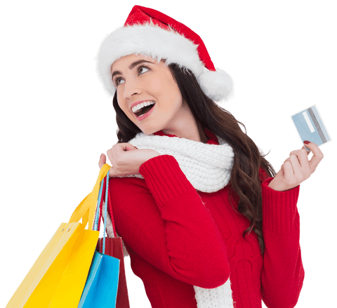 Festive Woman Shopping with Bags and Credit Card on Christmas Sale
