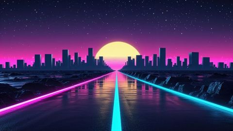 Futuristic neon highway stretching into cyberpunk city skyline