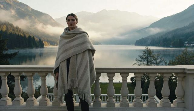 Woman standing wrapped in striped shawl overlooking misty mountain lake at dawn, serene