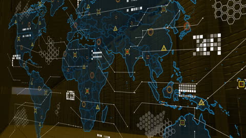 Digital Data Flow Across Global Network Map in Server Room
