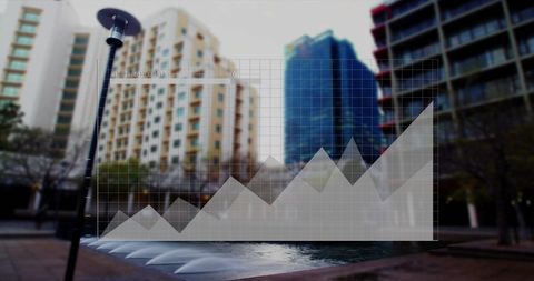 Digital Graph Overlay on Modern Cityscape Symbolizing Data Growth