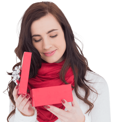 Joyful woman opening transparent holiday gift box