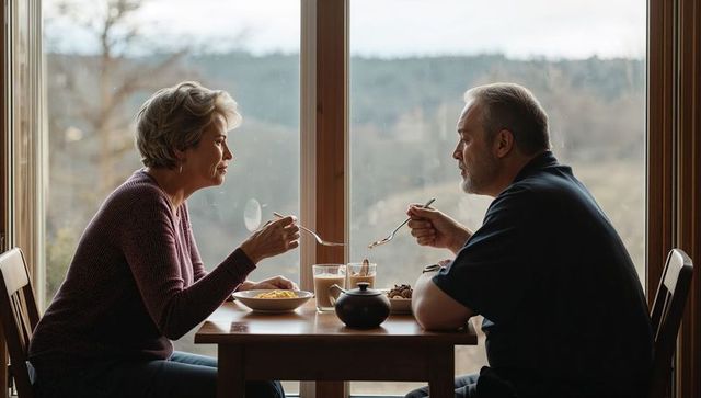 Mature couple sharing cozy breakfast at wooden table by large window with countryside view