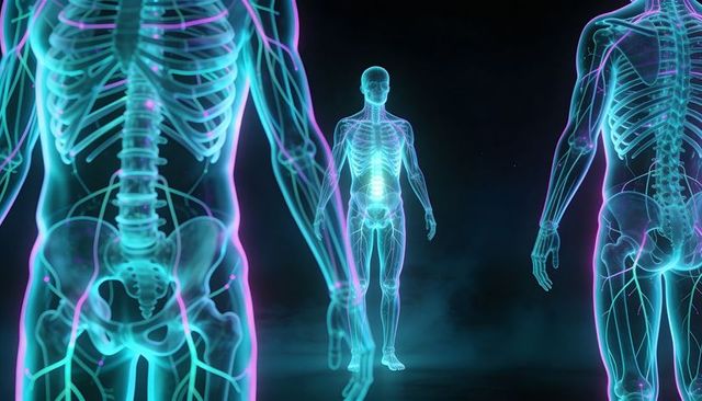 Glowing transparent human anatomy showing skeleton and neon neural pathways