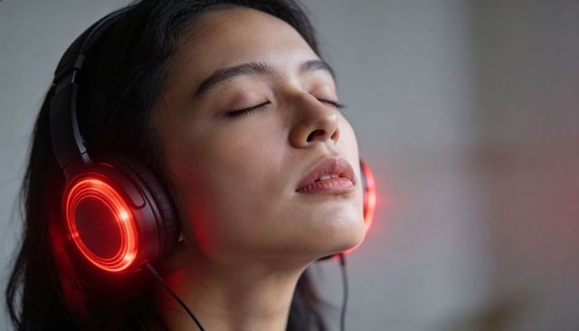 Asian woman listening with glowing red led headphones, closing eyes in serene close-up
