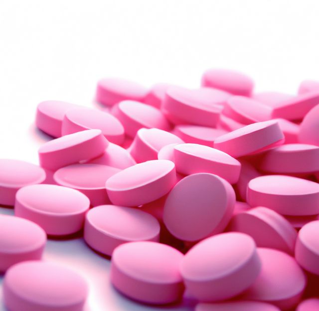 Close up of multiple round pink pills on white background. Medicine, healthcare and treatment concept.