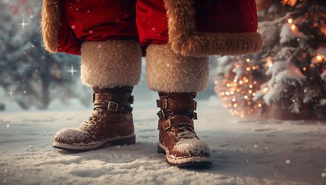 Santa's boots in snowy christmas forest