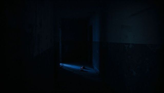 Abandoned corridor bathing in blue light with lone red shoe