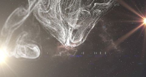 Glowing nebula cloud drifting across starfield with lens flares and cosmic dust filaments