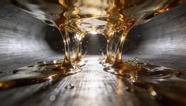 Golden viscous liquid flowing through narrow brushed metal channel macro close-up