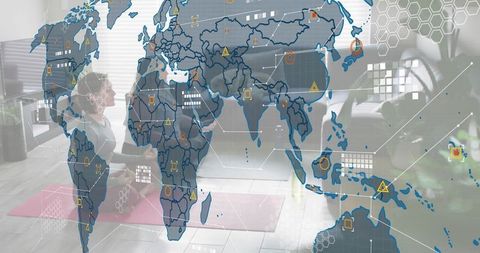 Women Practicing Yoga in Studio with Global Digital Map Overlay for Fitness Technology
