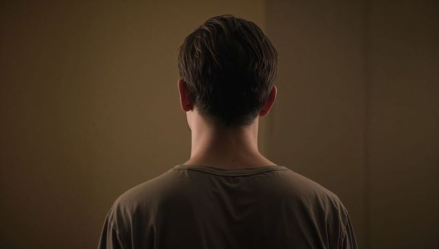 Standing young man showing back view facing warm beige wall with soft studio lighting and negative s