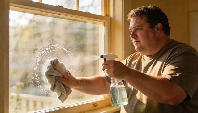 Man cleaning sunlit window with spray bottle and cloth in cozy residential interior