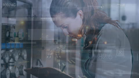 Female Factory Worker Analyzing Data with Digital Overlay Interface