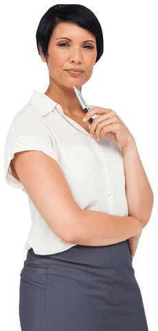 Focused Businesswoman Holding Pen on Transparent Background