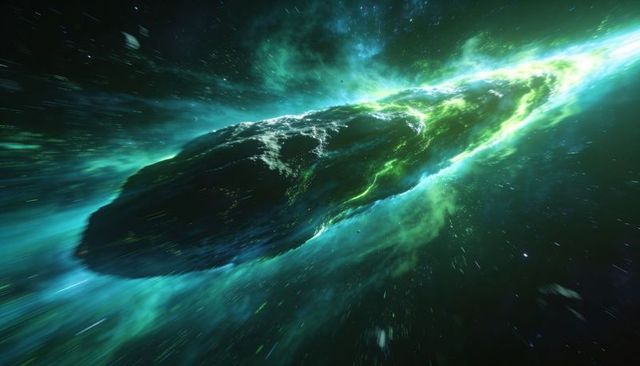 Soaring elongated comet racing through emerald nebula with luminous gas trail