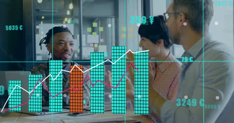 Financial Data Overlay in Diverse Office Meeting