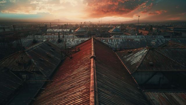 Rusted Industrial Rooftop at Sunset with Urban Skyline