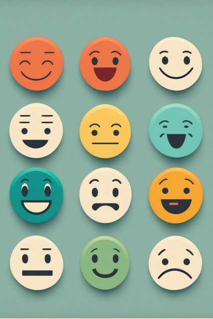 Rows of retro smiley icons, created using generative ai technology. Social media and communication concept digitally generated image.