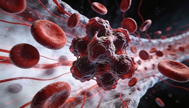 Intravenous thrombus enmeshed in fibrin strands surrounded by red blood cells