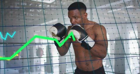 Boxer Training with Guarded Stance and Neon Performance Graph Overlay in Modern Gym