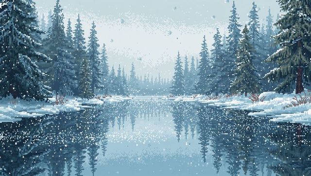 Pixel art snowfall over mirror river in frosty pine and spruce forest — winter reflection