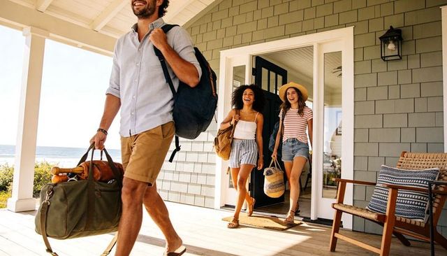 Sunlit coastal getaway: friends leaving beach house carrying luggage and smiles