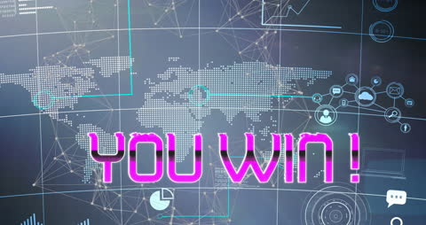 You Win Banner with Futuristic Digital World Map Overlay