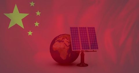 Chinese Flag Over Solar Panels and Globe for Renewable Energy
