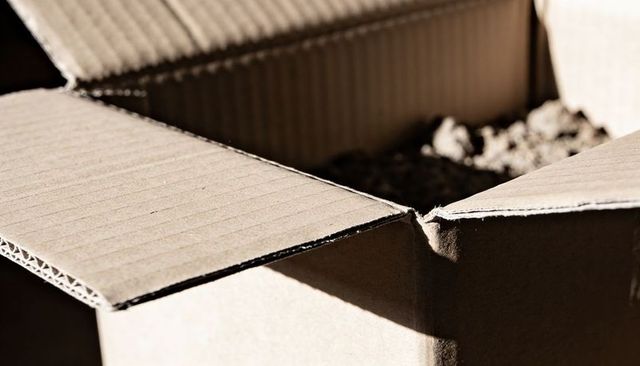 Corrugated cardboard box holding potting soil with folded flaps casting deep shadows