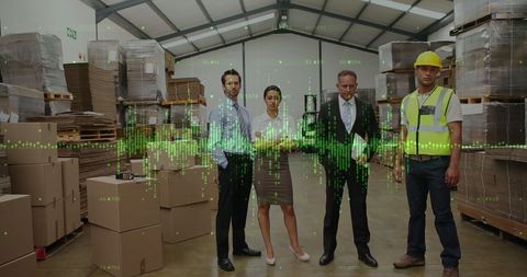 Warehouse Team Analyzing Financial Data with Holographic Charts