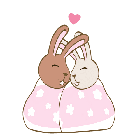 Cute Cartoon Bunnies Cuddling with Pink Floral Blanket - Transparent
