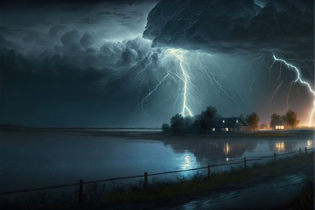 Dramatic Lightning Strikes Over Lake Near House at Night - Download Free Stock Images Pikwizard.com