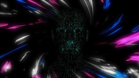 Digital Human Head with Dynamic Light Trails and Binary Overlay