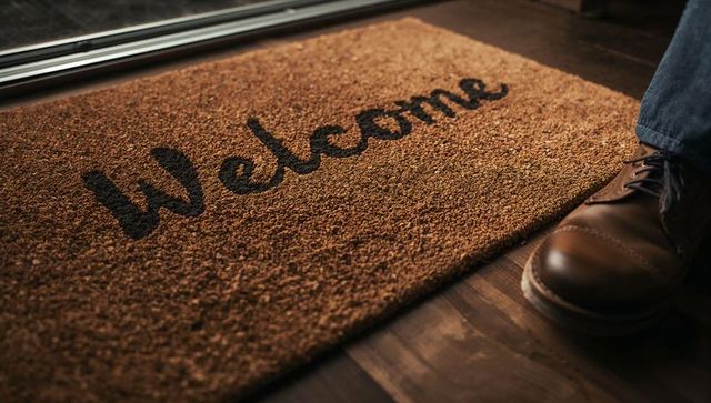 Rustic Welcome Doormat at Doorway with Leather Shoe on Warm Hardwood Floor