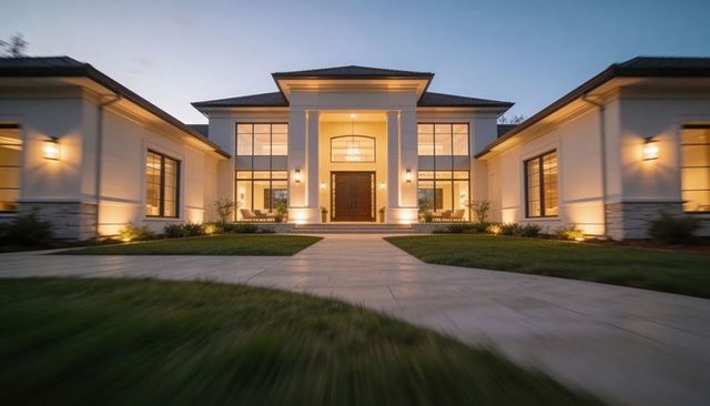 Luxury two-story modern mansion glowing at dusk with grand portico and symmetrical facade