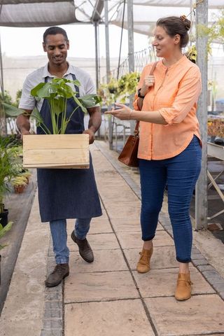 Nursery worker carrying wooden crate with tropical plant while customer gesturing nearby