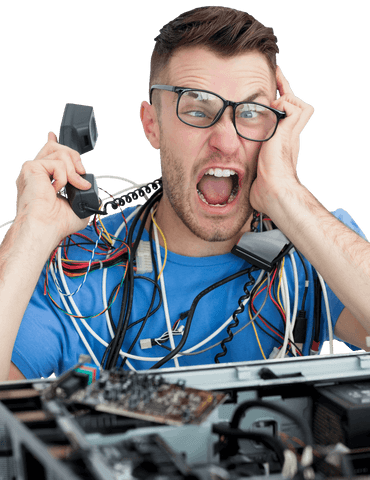 frustrated technician trapped among transparent computer wires - Download Free Stock Videos Pikwizard.com