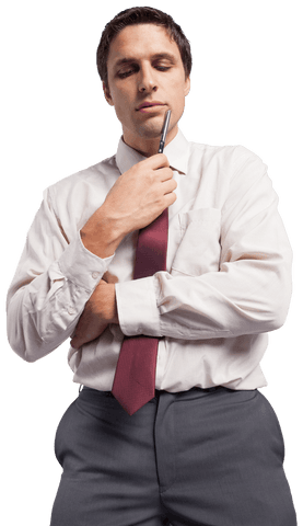 Thoughtful Businessman in Tie Holding Pen to Chin on Transparent Background - Download Free Stock Videos Pikwizard.com