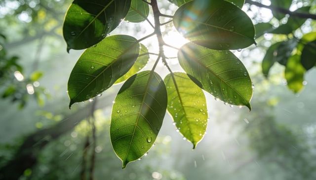 Sunlight filtering through dew-dropped green leaves with misty forest bokeh and sun rays