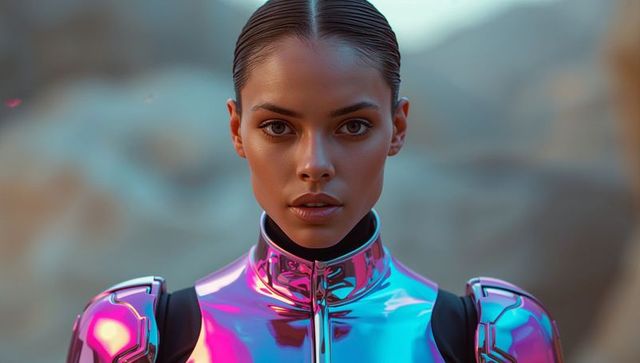 Futuristic armored woman in iridescent suit in desert canyon