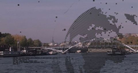 Arched Bridge over River in Urban Cityscape with Globe Overlay