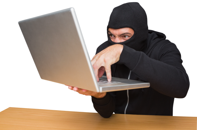 Masked Man with Laptop Stealing Identity at Desk Transparent Background - Download Free Stock Videos Pikwizard.com