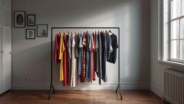 Minimalist clothing rack in contemporary sunlit room