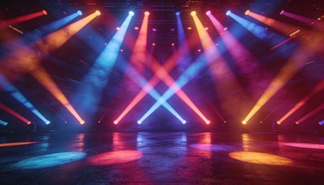 Dynamic Concert Stage Lighting Casting Colorful Spotlights and Fog Beams